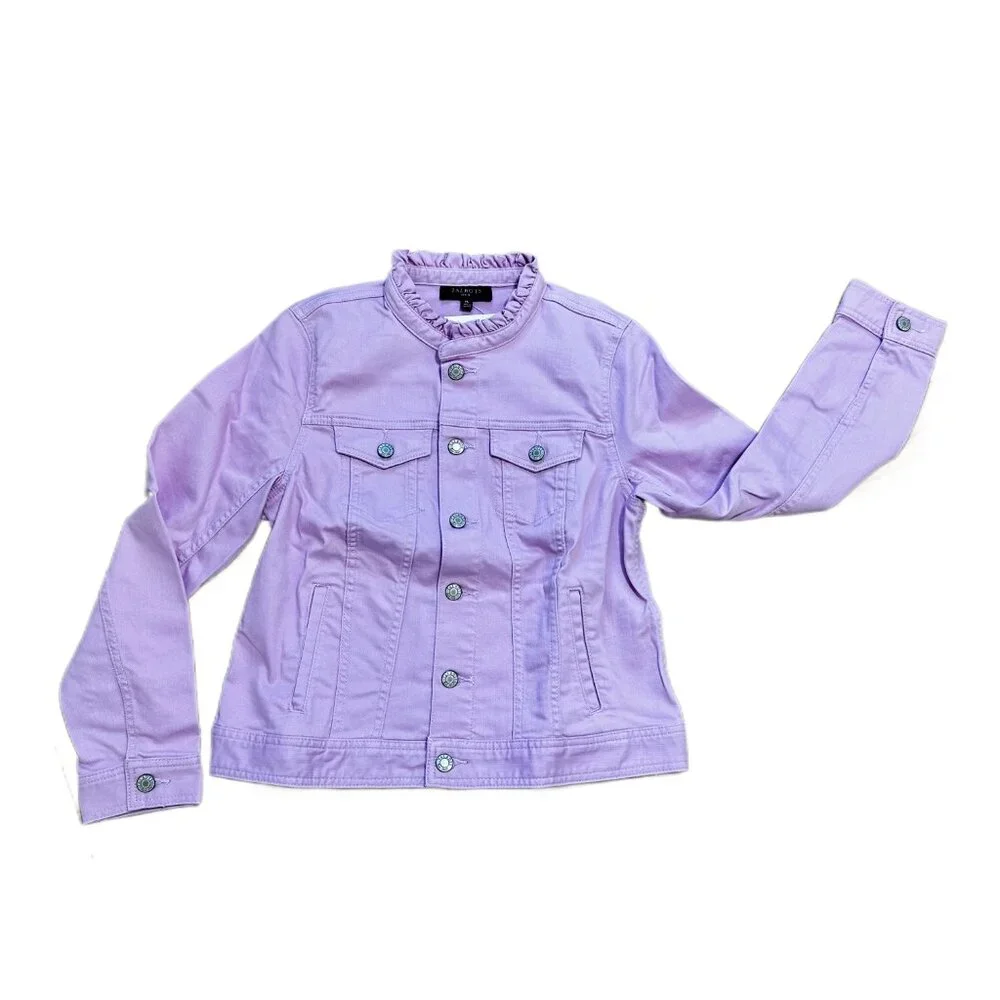 NWT - Talbots Lilac Ruffle Neck Denim Jacket MP Stretch Cotton Blend Petite - Picture 5 of 10